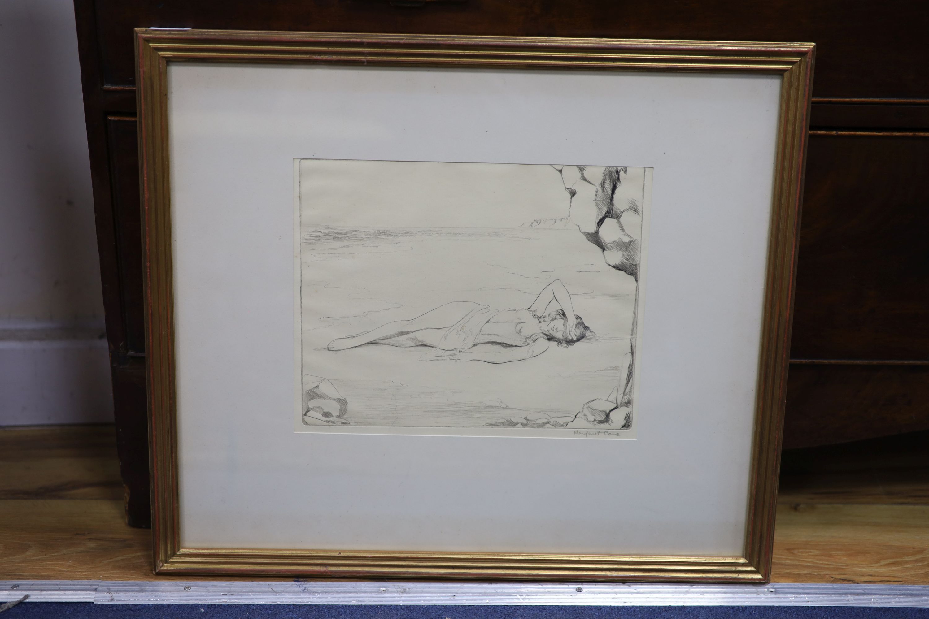 Margaret Cave, etching, Nude on the seashore, signed in pencil, 23 x 28cm